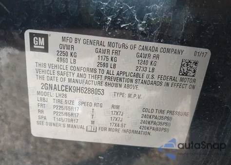 2017 Chevrolet Equinox Lt из США, поврежденный, VIN 2GNALCEK9H6288053